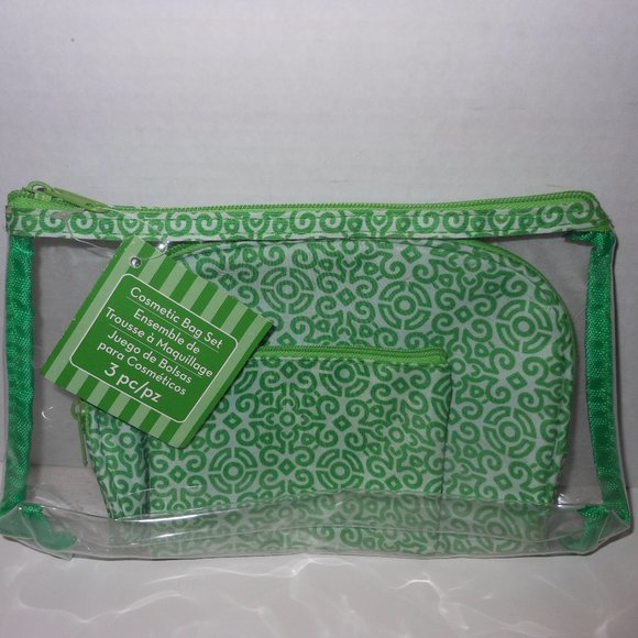 THREE PIECE GREEN AND WHITE COSMETIC BAG SET - Picture 1 of 5